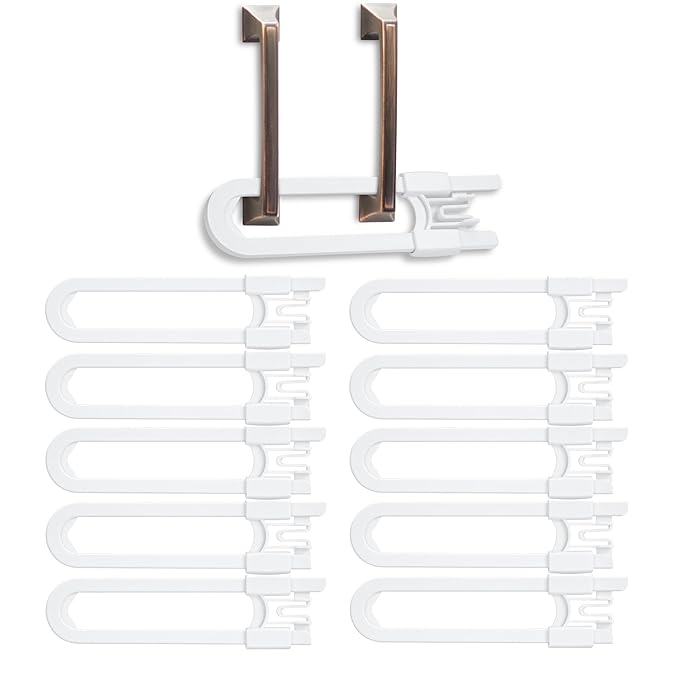 Vmaisi No Drill U-Shaped Sliding Cabinet Locks Baby Proofing, 10 Pack | Adjustable Child Safety Locks for Cabinets with Handles or Knobs, Childproof Latches for Kitchen Bathroom Storage Cupboards