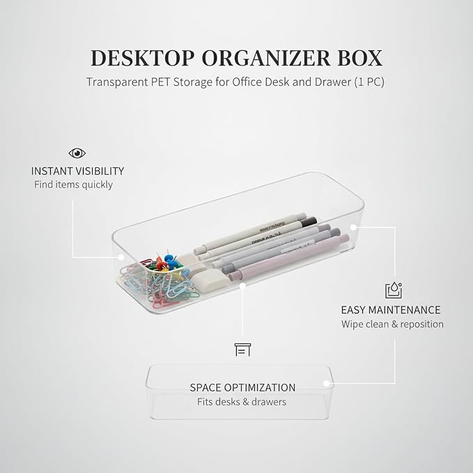 Durable PET Plastic Desktop Organizer, Transparent Storage Bin for Office Desk and Drawer Organization