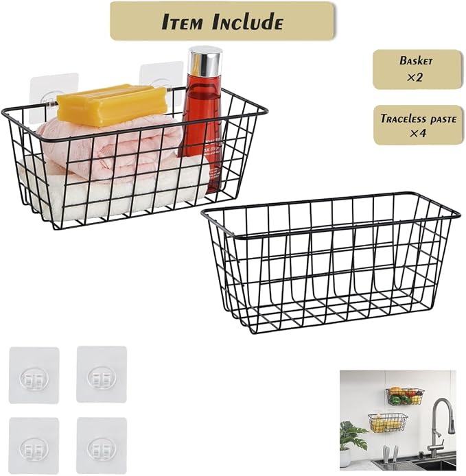 JUNCHU CHERRY 2 Pack Hanging Storage Basket, Bathroom Basket, Household Goods, with Traceless Tape, no Drilling, for Cabinet Storage, Kitchen, Bathroom, Storage Room,Black