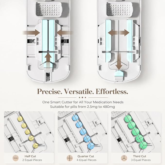 Pill Cutter | Pill Splitter for Small or Large Pills | Design in The USA| Cuts Vitamins |- Adjustable Splitter Easy to Clean, Safe for Seniors, Kids, Pets (Beige)