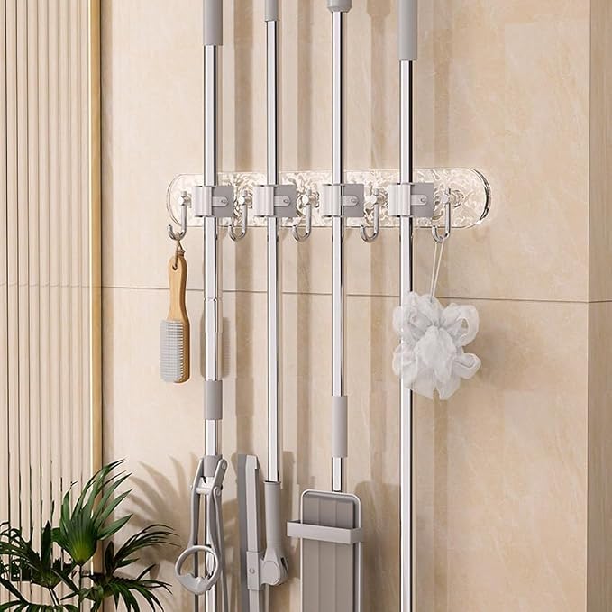 Wall Mount Mop Holder, Broom Storage Rack with Adjustable Rolling Balls, PET ABS Silicone Tool Organizer for Kitchen Garage Bathroom Closet Office(L)