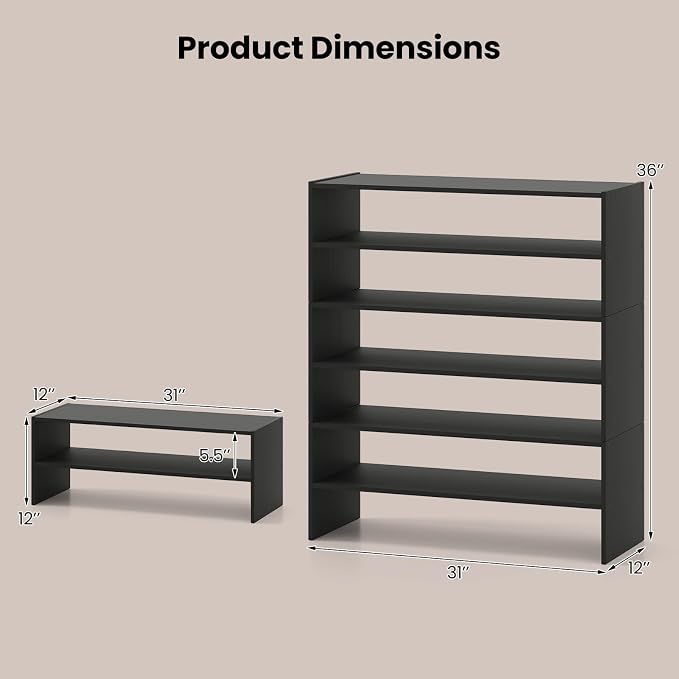 COSTWAY 6-Tier Shoe Rack, Extra Wide Shoe Shelf Organizer | Stackable Design, 31" Freestanding Adjustable Storage Shoe Stand for Small Space Entryway Hallway Closet (1,Black)