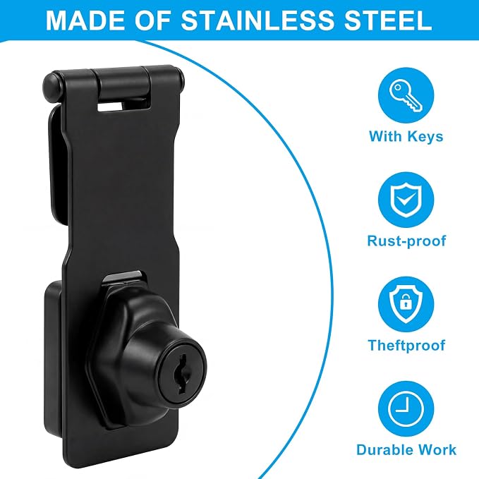 2 Pcs 4 Inch Hasp Lock, Black | Metal Twist Knob, Keyed Locking with Keys, With Screws, For Small Doors Cabinets Toolboxes and Storage Units