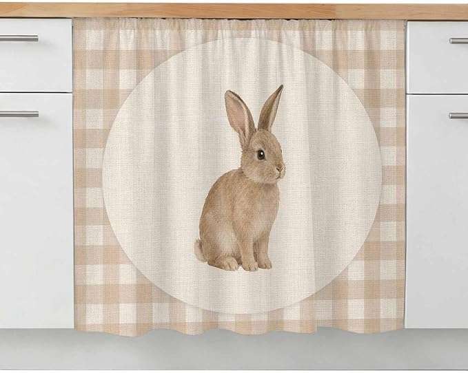 Rabbit Plaid Oven Skirt Curtain for Kitchen Decor 28"x35", Rustic Farmhouse Checkered Retro Animal Self Adhesive Stove Curtains Skirt Cabinet Curtains for Bathroom Laundry Room