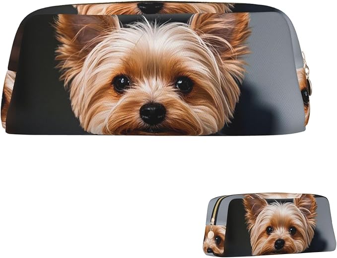 PU Leather Pencil Case Cosmetic Pencil Bags Makeup Pouch with Zipper | Cute Pet Yorkie Pen Pouch Portable Cosmetic Organizer Bag For Office Woman Man