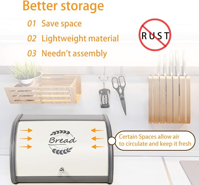 X458 Gray Bread Box Roll Top, Metal Bread Box for Kitchen Countertop, Large Space, Keeps Bakery Items Fresh Longer, Bread Bin for Kitchen Countertop, Breadbox to Store Cookies, Bagels, Muffins