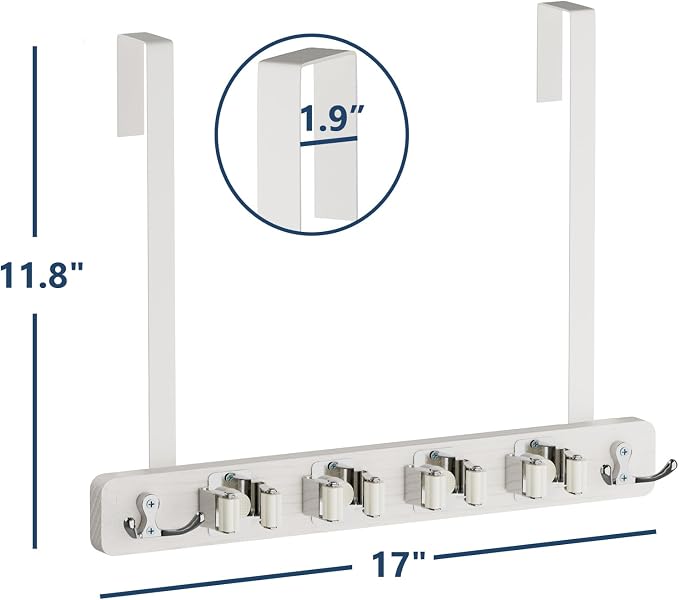 Lorbro Broom Holder Door Mount, Wood Over the Door Broom and Mop Holder | 4 Slots 4 Hooks, No Drill Setup, EVA Protection Pads, Secure Grip, Laundry Garage Closet Kitchen Use, White