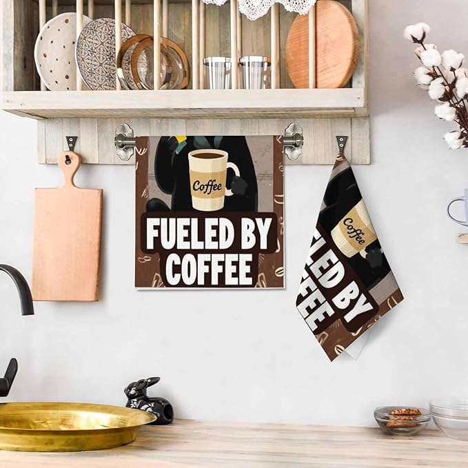 Vintage Cat 2Pcs Kitchen Towels Coffee Cute Cat Retro Fueled by Coffee 16X24 Inch Ultra Soft Tea Towel Super Absorbent Terry Dish Towels for Kitchen Linens