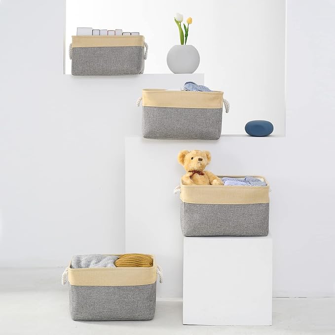 Storage Basket for Organizing - 3 Pack 14x10x7 inch Large Collapsible Storage Bin for Shelves, Fabric Storage Cubes for Organizer ClosetCloth Gift Toy (Grey & Gold)