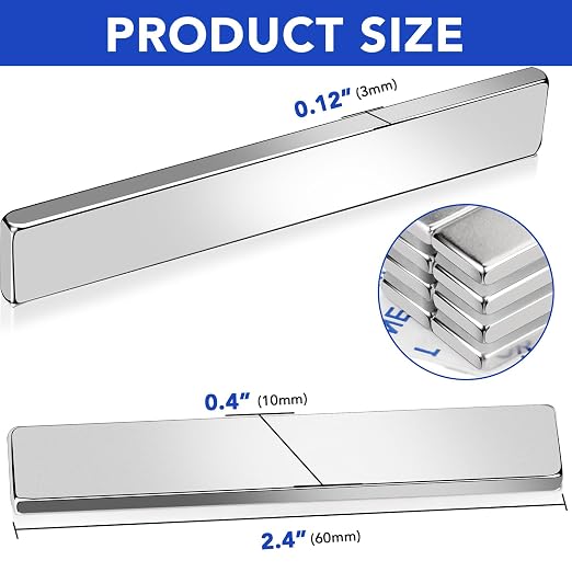 10Pcs Neodymium Magnets with Adhesive Backing 60x10x3mm Silver | Fridge Magnetic Strips Refrigerator Blocks Crafts Extra Super Sticky Bar for Science Experiments Classroom Craft Office