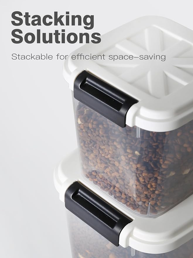 Pet Food Storage Container, 5 lbs Dog Cat Treat Storage Bin with Lid, Dry Food Storage for Dog Treats, Cat Food, Cereal, Rice, Birds (4 lbs) - White | Airtight snap-lock lid, clear BPA-free body, and measuring cup for dog treats, cat food, birdseed, ce...