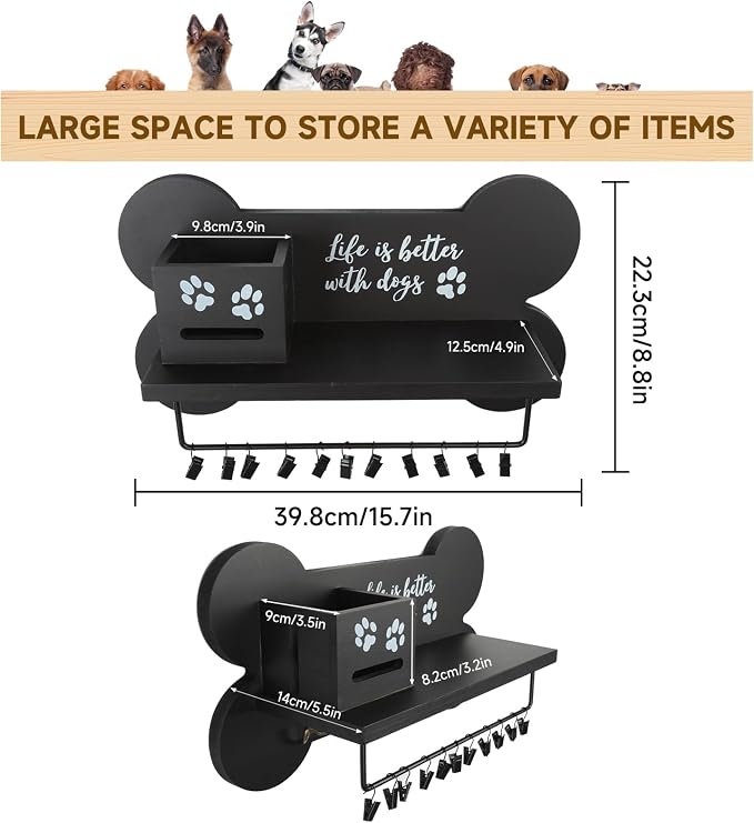 Wood Dog Leash Holder for Wall, Black Bone Hook for Entryway | 3 double hanging points, 11 mini clips, built-in pet waste bag cavity, quick wall installation