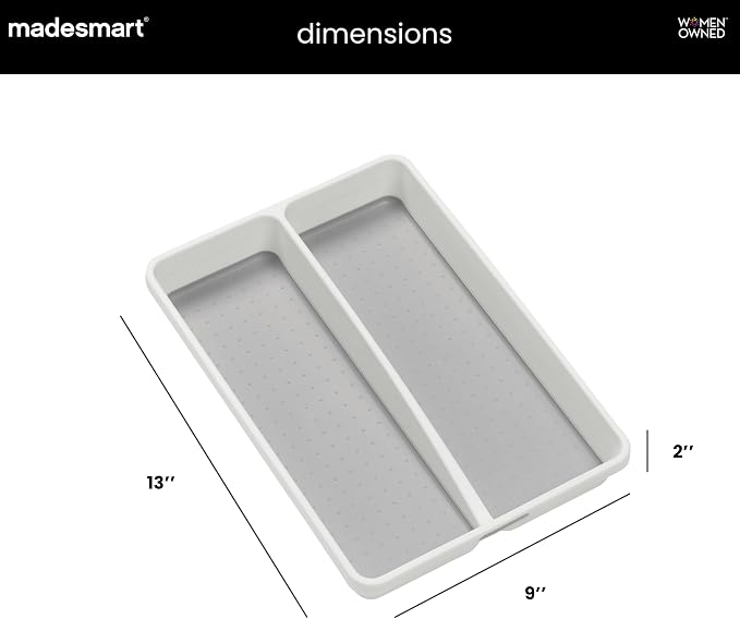 madesmart Classic 2 Compartment Compact Utensil Tray, White | non slip feet, rounded corners, soft grip lining, wide channels, spatulas whisks tongs, ladles serving spoons, woman owned