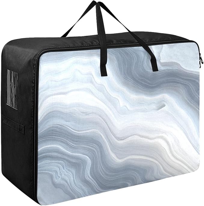 Comforter Storage Bags Large Folding Blanket Organizer Bag with Strong Handles Clear Window Closet Storage Containers for Clothes King Queen Pillows Bedding Quilt Duvet Fluid Art Marble Grey