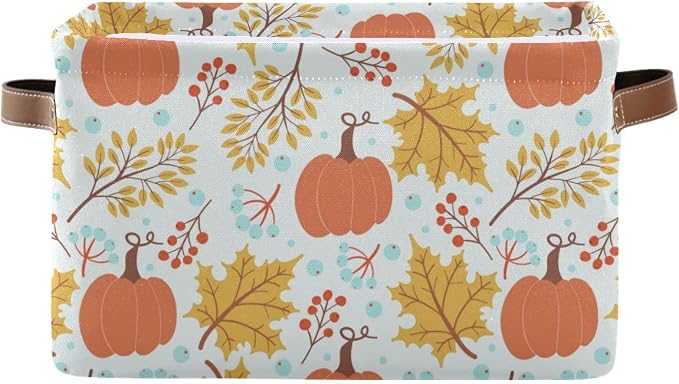 Fall Pumpkin Storage Basket Fabric Storage Bin Laundry Baskets Autumn Maple Leaves Foldable Storage Boxes Organizer Bag for Baby Cloth Dog Toy Book Storage Cubes Shelf Closet Basket 16×12×8 Inches