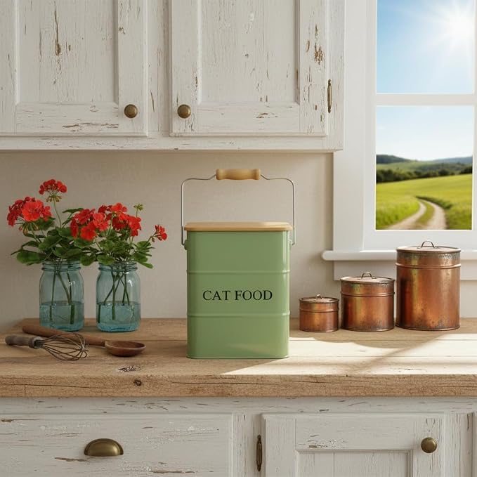 Morezi Cat food storage container storage bin with wooden lid scoop included green metal cat food container in kitchen countertop