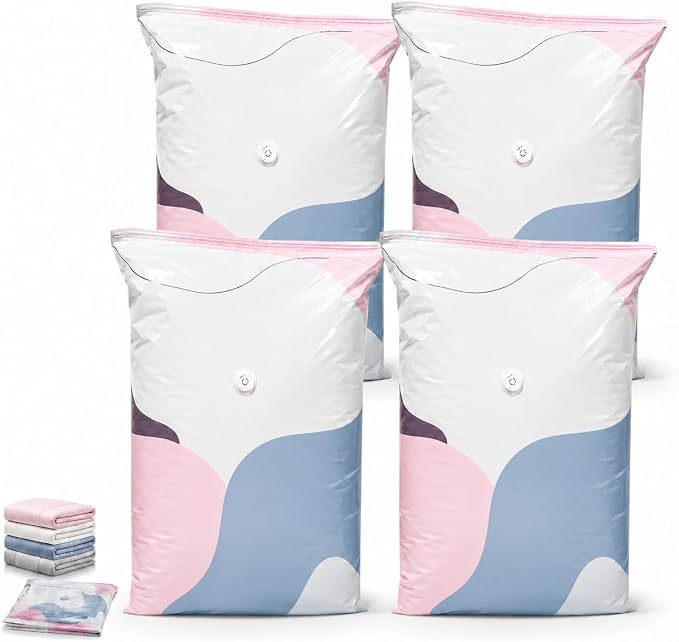 No Pump Vacuum Storage Bags, 3D Space Saver Bags for Clothes, Blankets, Bedding & Comforters, Reusable Vacuum Seal Storage Bags for Moving & Seasonal Storage (L-4PCS)