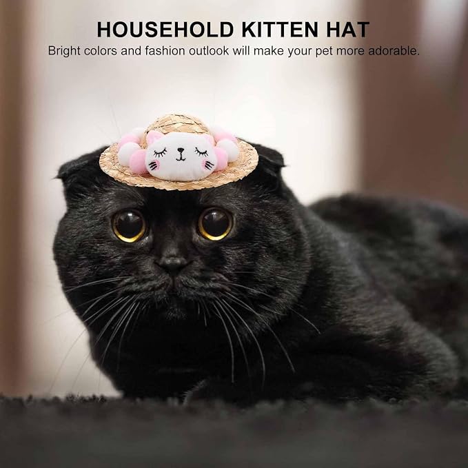 Wear-Resistant Decorative Pet Hat for Cat and Kitten Pink Summer | Raffia and Plush Build, Comfortable Fit with Reduced, Lovely Style for Halloween Photos