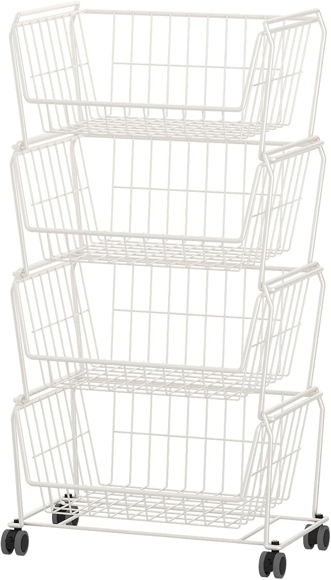 PUSDON 4-Tier Spacious Stackable Wire Storage Baskets with Wheels, Metal Rolling Utility Cart, Produce Basket for Pantry, Bathroom Organizer Shelf, Classic White