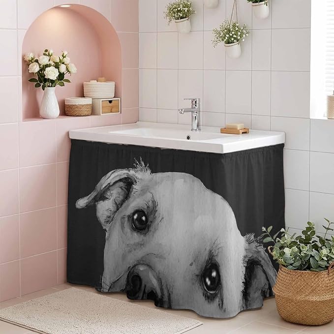 Black Dog Cabinet Curtain 35"Wx35"L,Dustproof Under Sink Skirt with Self Adhesive Tape,Cute Pets Eyes Animals Fur Vintage Oil Painting Cabinet Curtain Cover for Kitchen Sink,Bathroom Vanity,Laundry