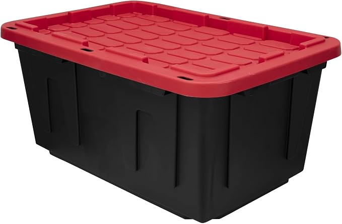 27 Gallon Heavy Duty Storage Bin with Snap Lock Lid, Large Plastic Storage Container Organizer for Garage, Basement (Black/Red)