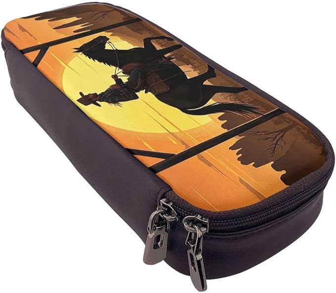 Leather Pen Case with Zipper - Aesthetic Pen Holder Cowboy Riding Ranch Desert Pencil Case for Women & Men - Handcrafted Pencil Bag Multi-Functional Travel Cosmetic Case for Work Office Tool Pouch