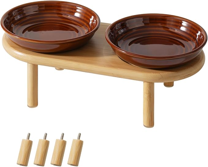 Havniva Elevated Cat Bowls, Ceramic Cat Bowl with Bamboo Stand Wide Opening | 5.7” Raised Cat Food Bowls, Whisker Friendly Cat Dish, Anti-Slip Cat Water Bowls, Shallow Cat Bowls, Cat Food & Water Bowl