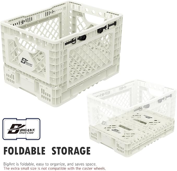 Bigant Heavy Duty Collapsible & Stackable Plastic Milk Crate - Snap Lock Foldable Industrial Garage Storage Bin Container Utility Tote Basket (Ivory, 1 Small Crate)