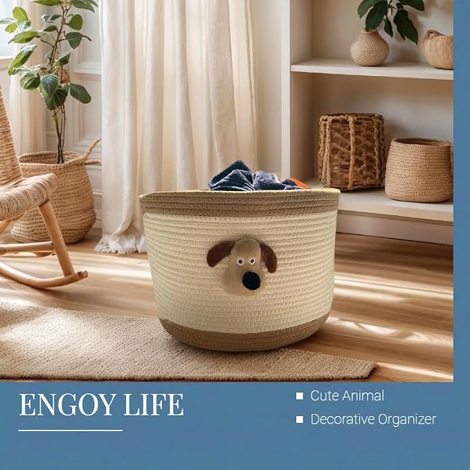 Bellar Kids Cute Animal Toy Basket,Medium Woven Storage Baskets For Children Toys & Baby Hamper Laundry,Cute Dog Decorative Organize For Children's Room 13"x10"