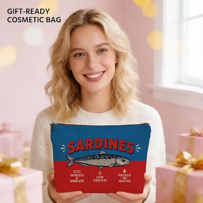 JIUWEIHU Funny Sardines Gifts Makeup Bag Vintage Sardines Cosmetic Bag | Ocean Beach Travel Toiletry Bags Fish Makeup Pouch Christmas Birthday Gifts for Women Mom Girls Sisters Friends Fish Lovers