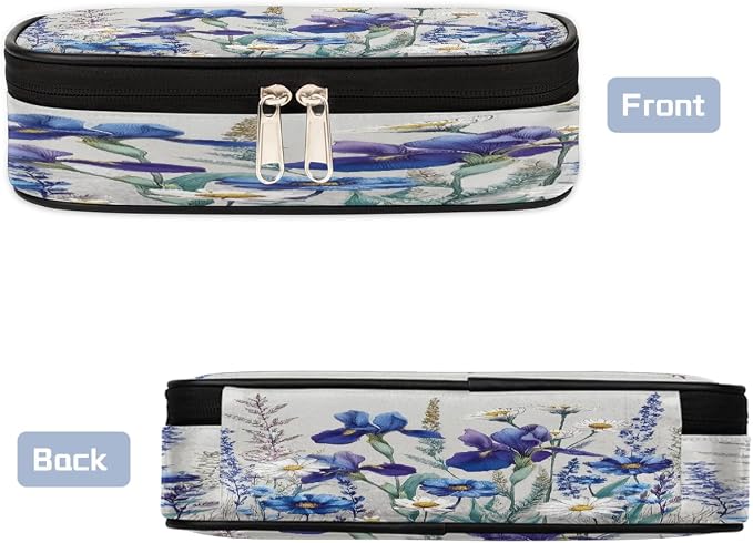 Cute Pencil Case for Girls Boys, Watercolorblue Purple Wildflowers Portable Pencil Bags Pouch Pen Case Organizer with Zipper for School College Office