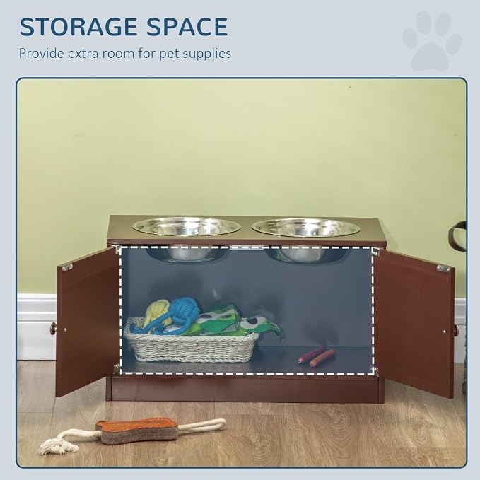 Elevated Dog Bowl Stand with 44L Storage Cabinet for Large Dogs, Raised Feeding Station with Stainless Steel Bowls