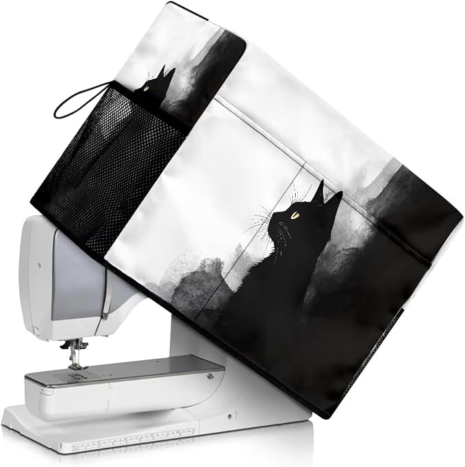 Ink Painting Cat Patterned Sewing Machine Cover Fit Standard Sewing Machines, Features a Convenient Mesh Pocket for Accessories, Adds a Touch of Artistic Flair to Your Sewing Space