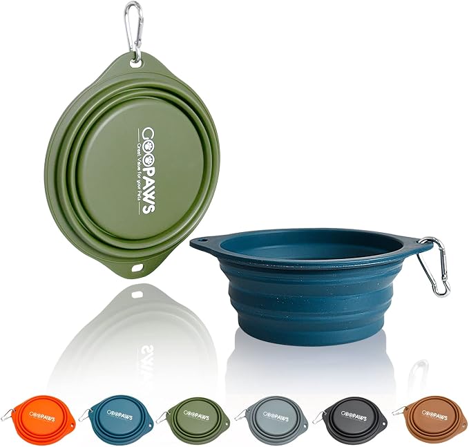 2 Pack Silicone No Spill Collapsible Travel Dog Feeding Bowls | Food-Grade Silicone, BPA Free, Travel Pet Bowls, with Carabiner Clip for Hiking, Durable & Quality, Dishwasher Safe