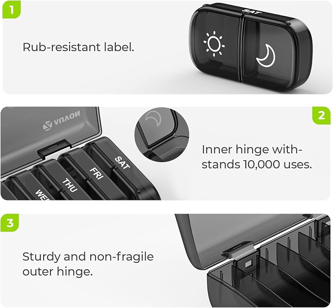 AUVON Weekly Pill Organizer 2 Times a Day, One-Side Large Opening, Easy‑Use | AM PM Pill Case, XL Pill Box 7 Day, Travel Medication Organizer for Medication, Vitamins, Fish Oils, Supplements, Black