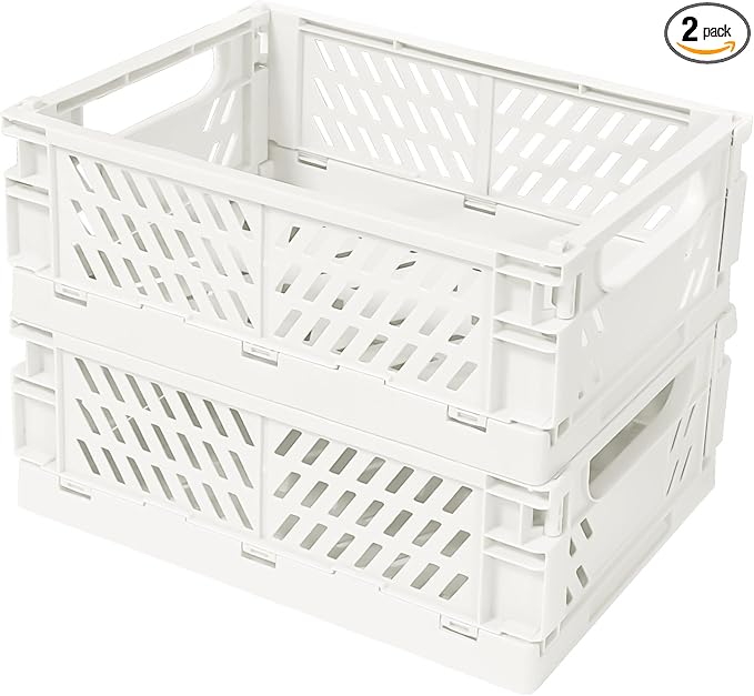 Tobeso-Nuoze Mini Pastel Plastic Storage Bins 2Pcs Foldable Pastel Crates | Basket Colorful Storage Containers Baskets for Classroom Kitchen Office Bedroom Desktop Home Decor (White 5.8" x 3.8" x 2.2")