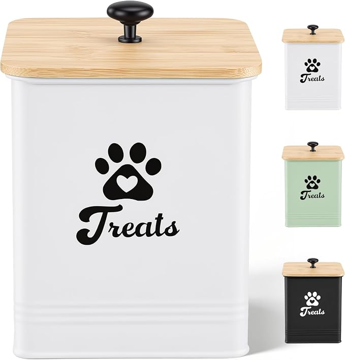 Dog Treat Container Airtight, 5.7" W x 6.7" H Iron Pet Treat Jar with Bamboo Lid, 12 Cup Food Storage Canister for Kitchen Counter, Decorative Pet Cookie Jar for Dog Snacks Kibble,White