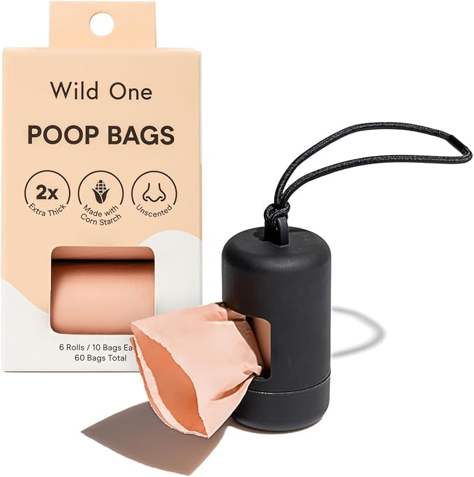 Wild One Dog Poop Bag Holder and Dispenser with Leash Attachment, Leak Proof, Easy Twist Top for Refills, Includes 1 Box Of Bags, Black