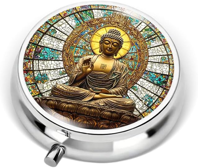 Portable Round 3 Compartment Metal Pill Box Buddha with A Halo Golden Statue Inside Intricate Stained Glass Window for Travel Organizing Medications and Daily Supplements