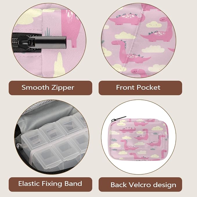 Weekly Pill Organizer Travel Size Bag with Removable 7 Day Pill Box Portable Vitamin Case Purse with Zipper,Pink Dinosaurs Clouds Pattern