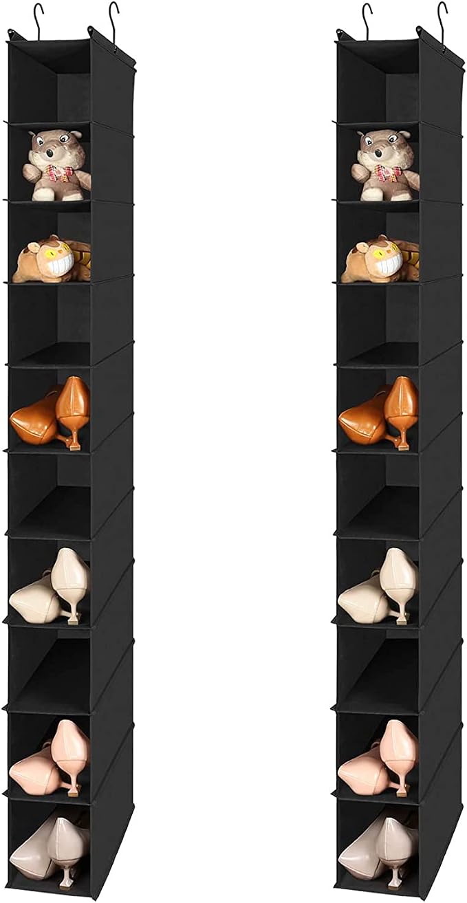 MAX Houser 2 Pack 10 Tier Foldable Hanging Shoe Organizer Black | Foldable Hanging Shoe Storage Shelf with 2 Metal Hooks, Space Saving Storage for Narrow Space