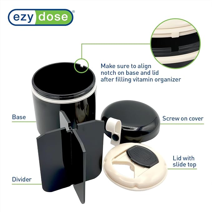 Ezy Dose Mini Vitamin Organizer, Multi Compartments, Black & Cream, Large | Portable and Compact Design, Easy Access Sliding Pill Dispenser, Supplement Organizer with Anti-Mix Design, Travel Friendly