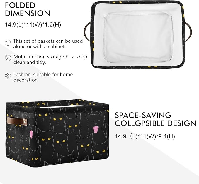 Rectangular Storage Bin Cute Black Cats Basket with Handles - Organizer Bin for Toys, Books, Laundry Basket for Kids/Pets, Playroom