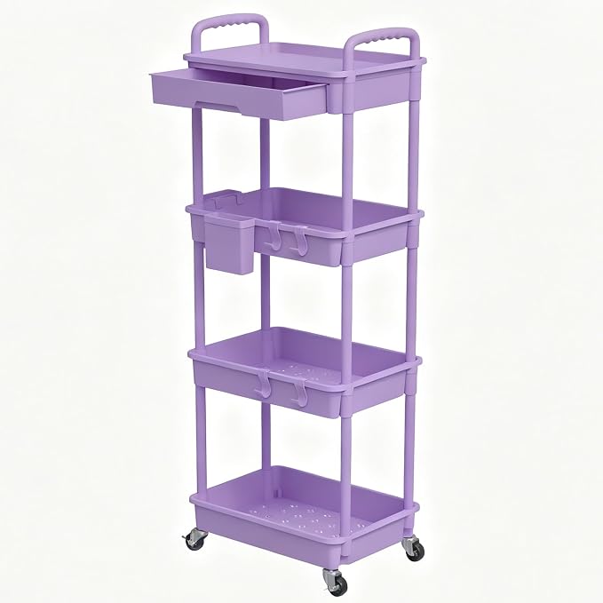 REBECAT 4 Tier Rolling Cart with Drawer, Utility Storage Cart on Wheels for Kitchen, Bathroom, Living Room,Office(Purple)