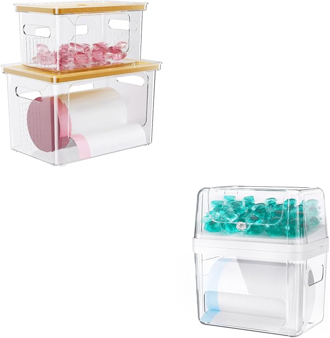Delamu 2 Pack (XL+S) Trash Bag Dispenser + 3 In 1 Dishwasher Pod Holder | Clear Acrylic Organizer Bins for Under Sink Organization, Pantry Storage, Cabinet, Kitchen, Laundry, Bathroom