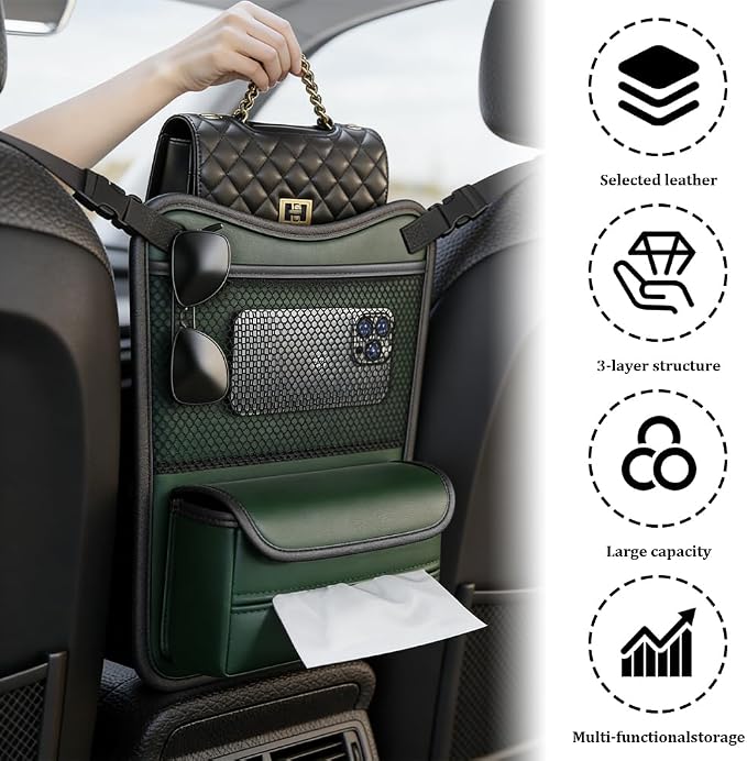Car Organizer Storage Between Seats, Car Purse Holder, Nappa Leather Front Seat Storage Bag with Tissue Holder, Large Capacity Auto Console Organizer for Document Phone Wallet Snack (Green)