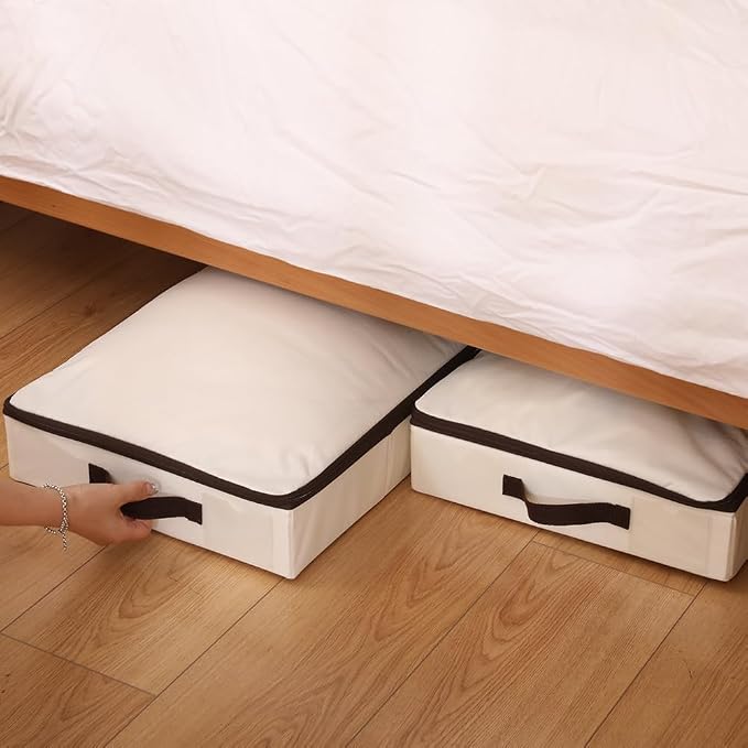 AMJ 3 Pack 4inch Underbed Storage Bins, Under Bed Storage Containers with Zippers for Blanket, Pillows, Comforters & Quilts, Beige