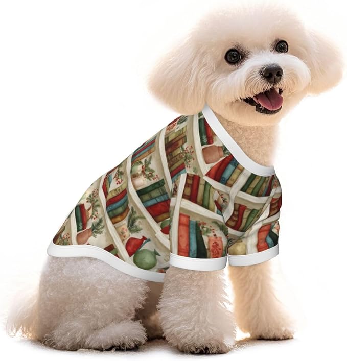 Christmas Bookshelf Dog T Shirt Dogs Cats Cotton Shirts Short Sleeve Clothes Soft Stretchy Pet Costume Doggy Outfit Pullover Jumper Puppy Sweatshirt Large