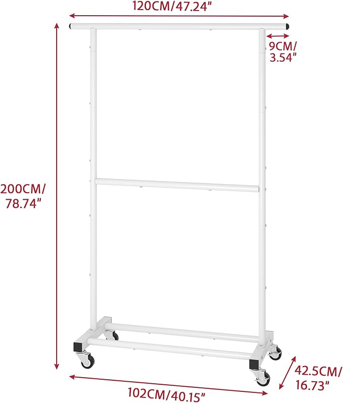 Sywhitta Double Rod Metal Clothing Garment Rack on Wheels, White | Rolling Clothes Organizer, for Hanging Clothes,Coats,Easy to Assemble,Space-Saving,Mobile Organizer for Closet