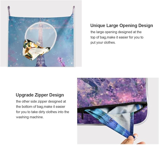 2PCS Hanging Laundry Hamper Bag Over the Door Laundry Hamper Wall Hamper Large Dirty Clothes Hamper with Stainless Steel Hooks 29.5x20Inch Lavender Eiffel Tower Purple